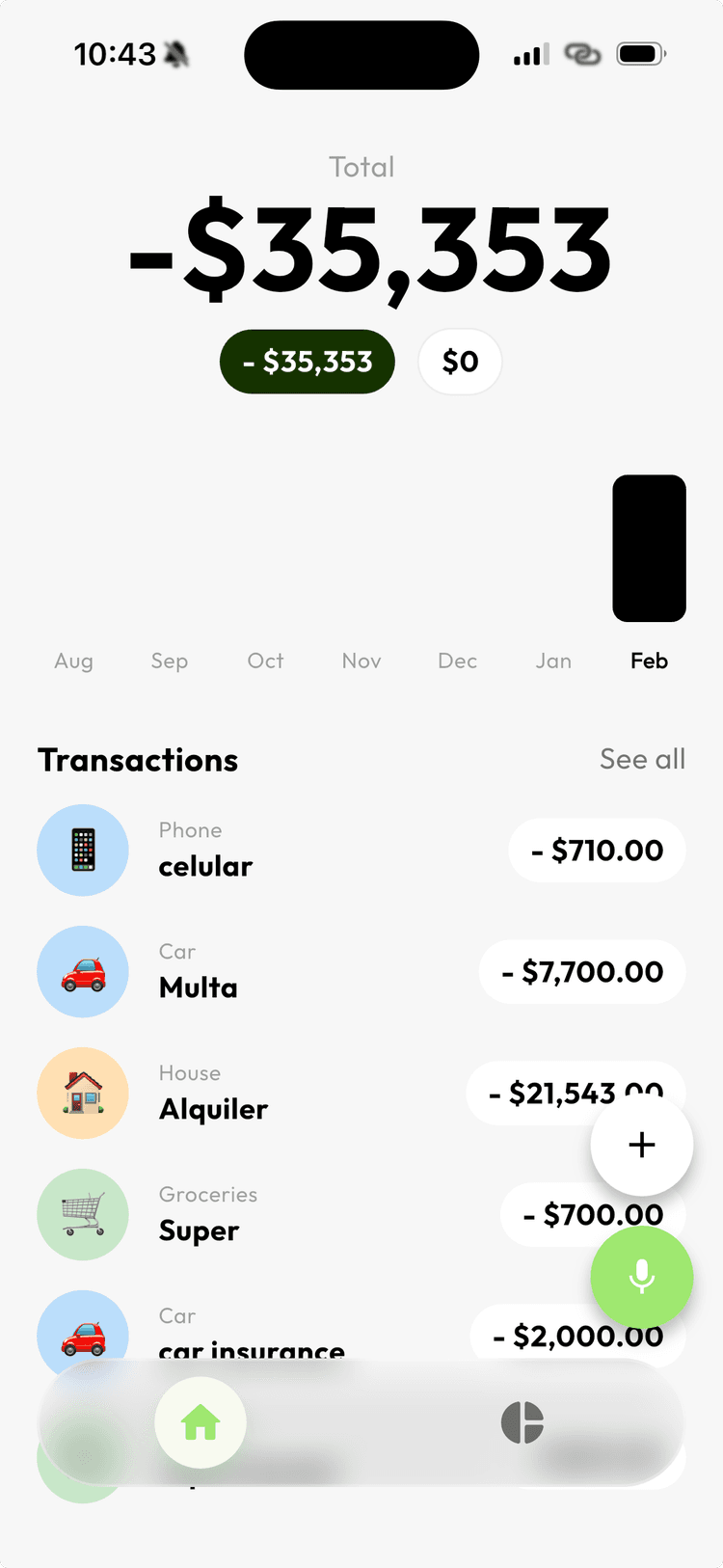 Kimmy app dashboard showing expense tracking with transactions and spending chart