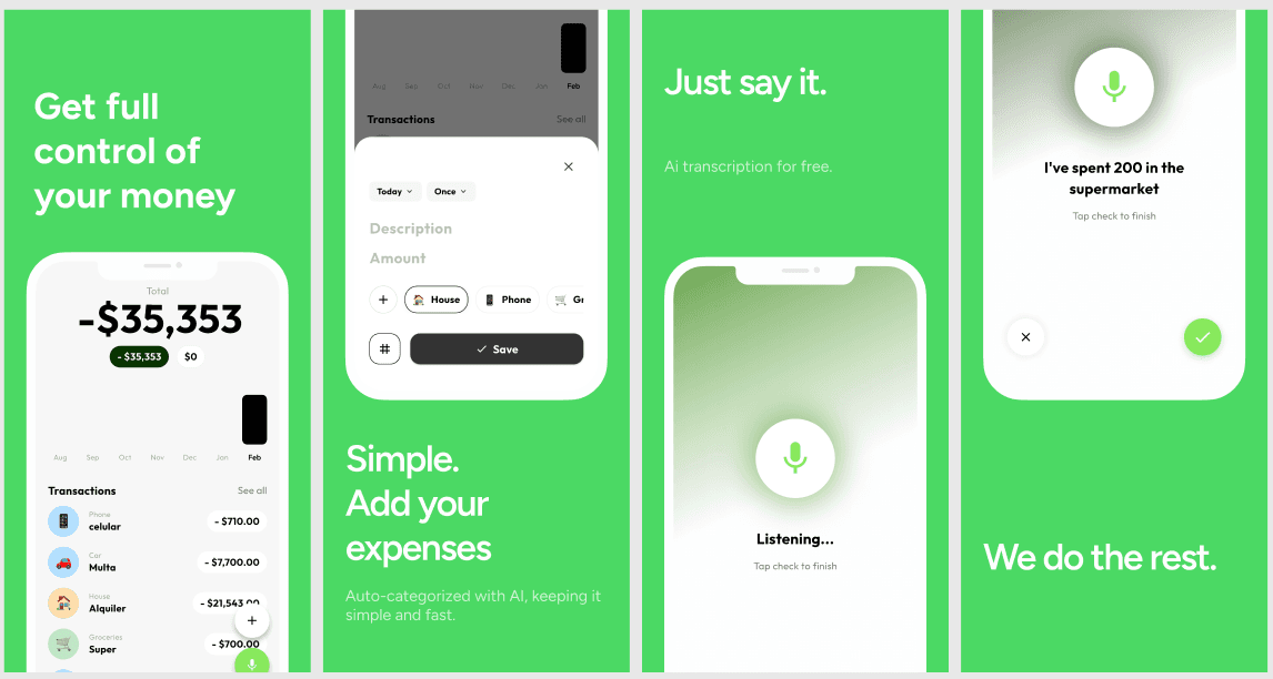 Kimmy app feature showcase: expense tracking, voice input, and auto-categorization
